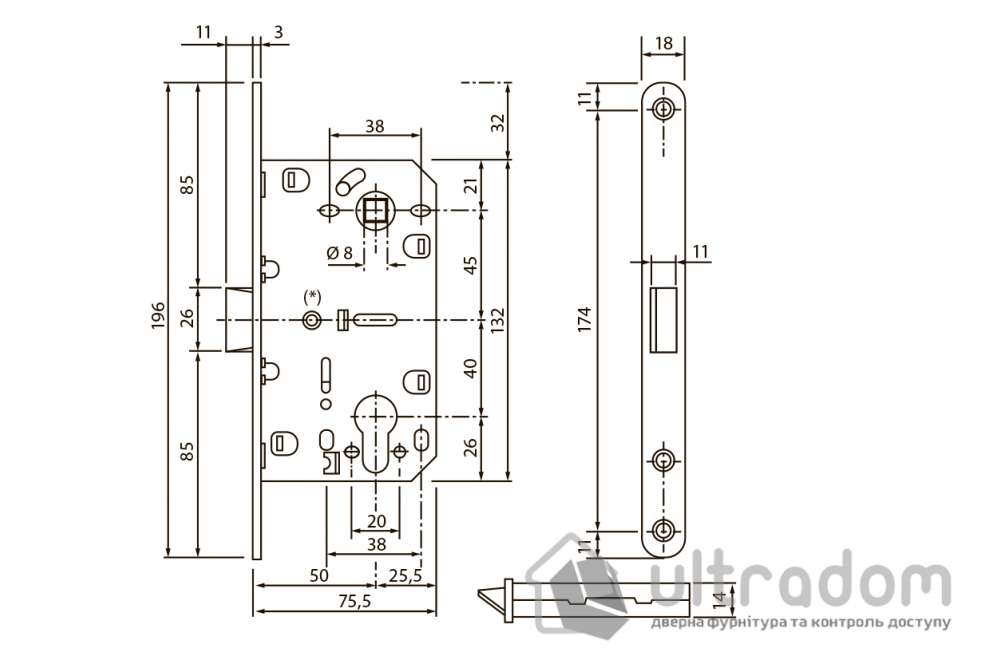 Врезной межкомнатный замок PZ SIBA 8550 MSC, матовый хром