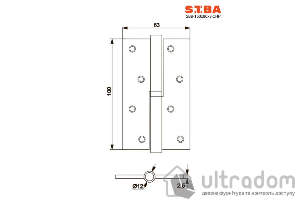 Петля дверная узкая SIBA 100 мм, правая, матовый никель (1 ВВ 4'' Х 2.5'' Х 2,5ММ FHP R SN)