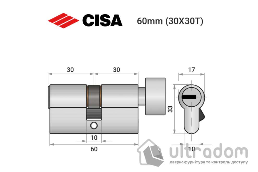 Цилиндр дверной CISA ASIX P8 ключ-тумблер, 60 мм