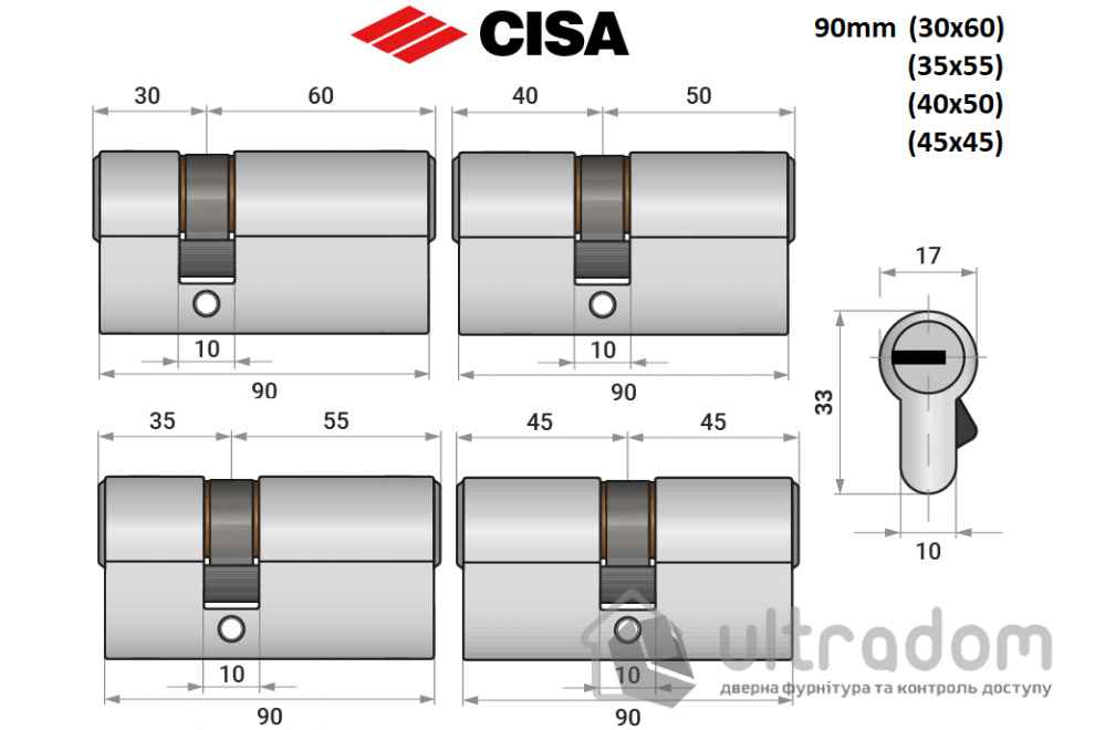 Цилиндр дверной CISA ASIX P8 ключ-ключ, 90 мм