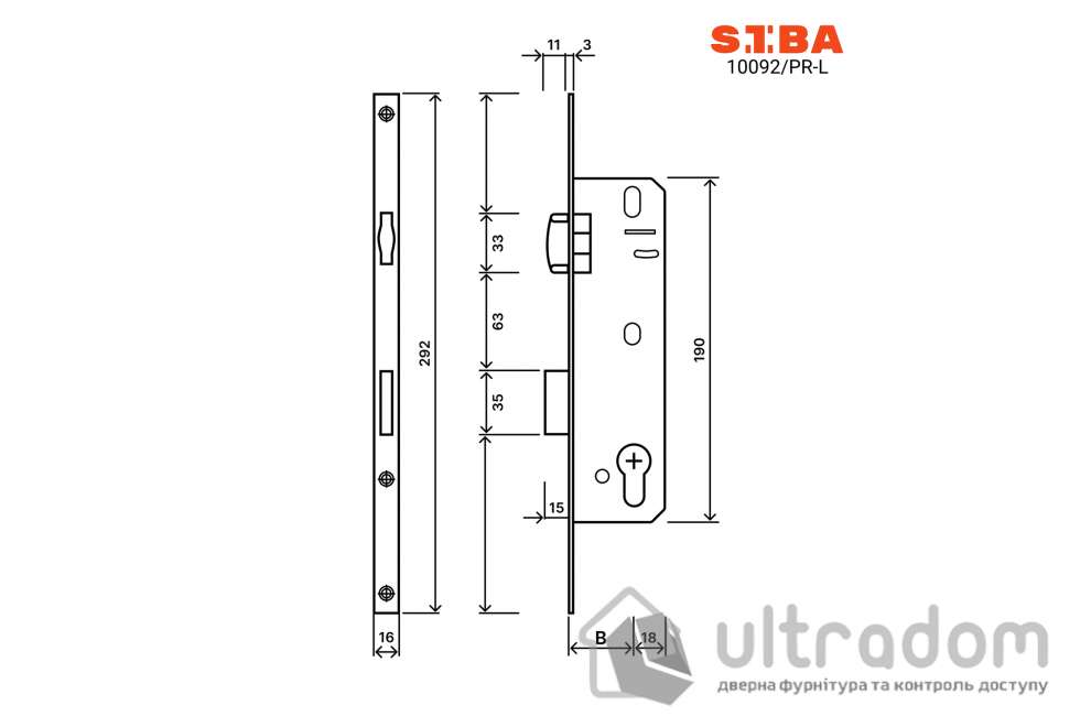Замок с роликом SIBA 10092/PR-35-L для металлопластиковых дверей