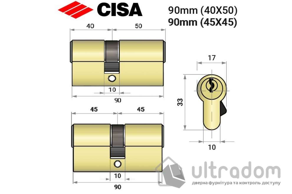 Цилиндр дверной CISA LL 08010 ключ-ключ, 90 мм