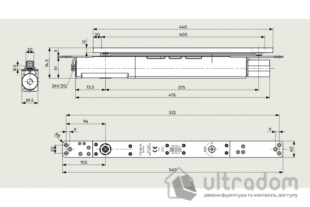 Доводчик скрытого монтажа Dorma ITS 96 FL EN 3-6, дверь до 120 кг (корпус)