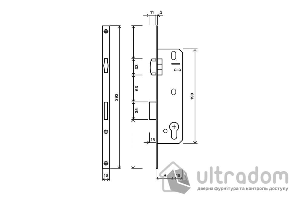 Замок с роликом SIBA 10092/PR-L B=35 мм для металлопластиковых дверей (10092/PR-35-L)