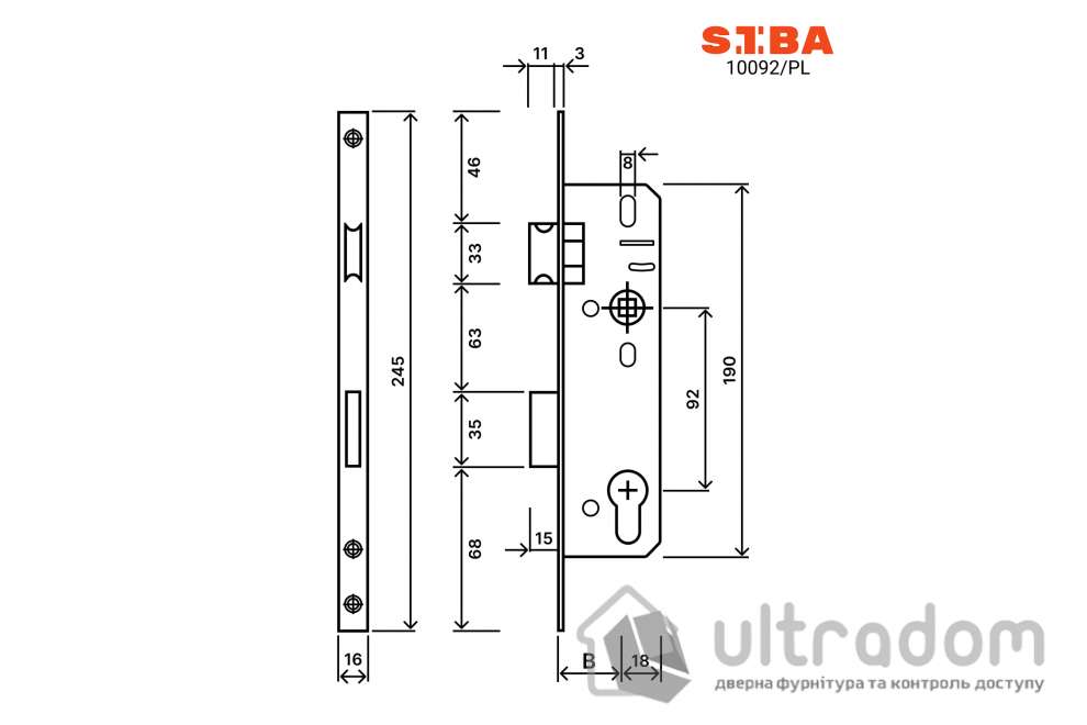 Замок с защелкой SIBA 10092/PL-25 для металлопластиковых дверей