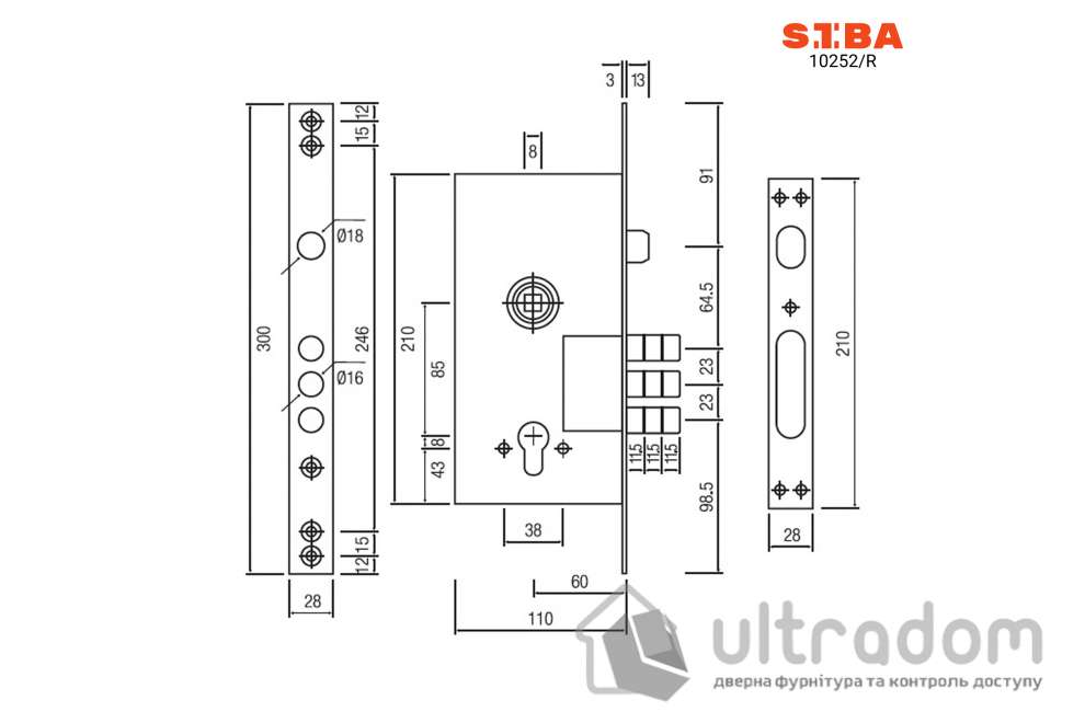 Замок врезной цилиндровый,  SIBA 10252/R 85/60 мм (10252/R)