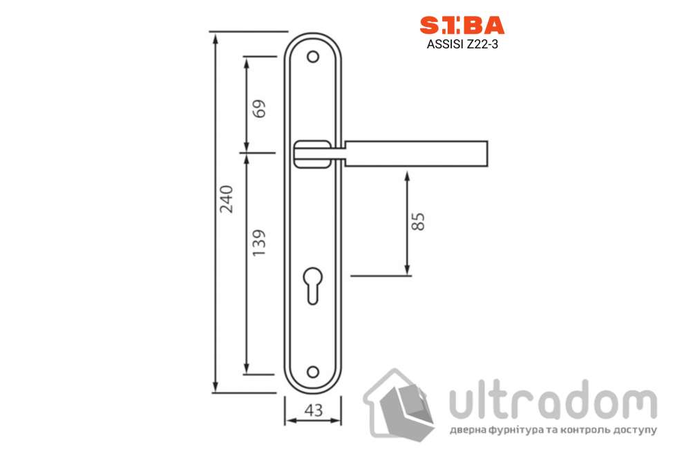 Дверная ручка на планке под ключ (85 мм) SIBA Assisi, мат.никель/хром (Z22 3 22 07)