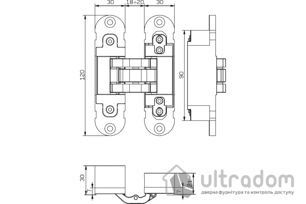 Скрытая 3D петля OTLAV  Invisacta IN300 120х30мм,  бронза коричневая с колпачками (IN300120BO02)