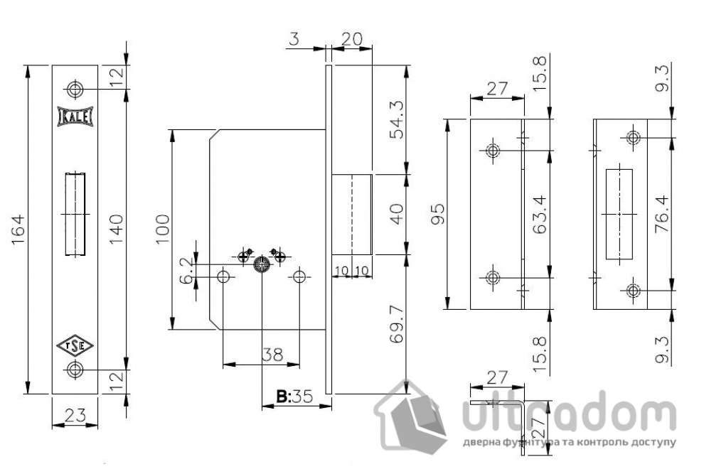 Замок дополнительный KALE 157/F В=35 мм, крестовый ключ (3 шт) (157F/35)