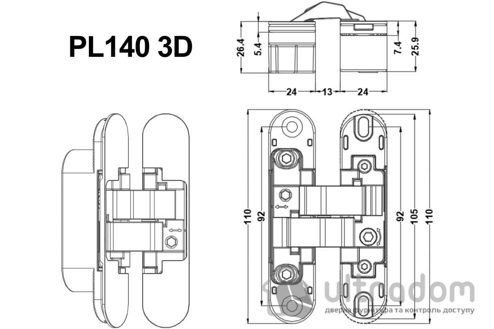 Скрытая петля PL140 3D – 24×110 мм, для дверей 40 кг, чёрная матовая