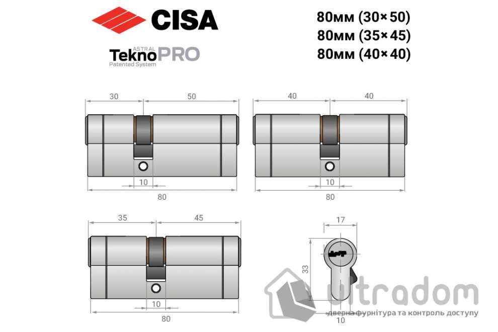 Цилиндр дверной CISA Astral Tekno PRO 80 мм никель матовый