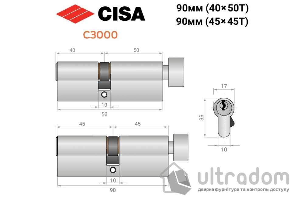 Цилиндр дверной CISA 3000 ключ-тумблер, 90Т никель матовый