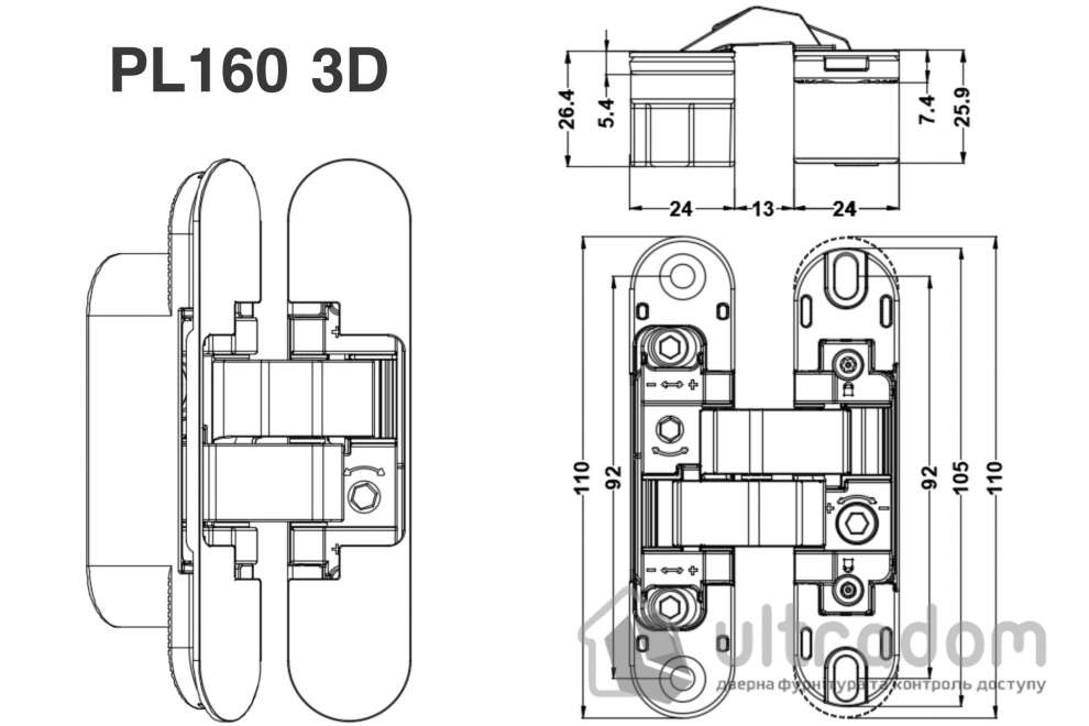 Скрытая петля PL160 3D – 24×110 мм, для дверей 60 кг, матовый хром