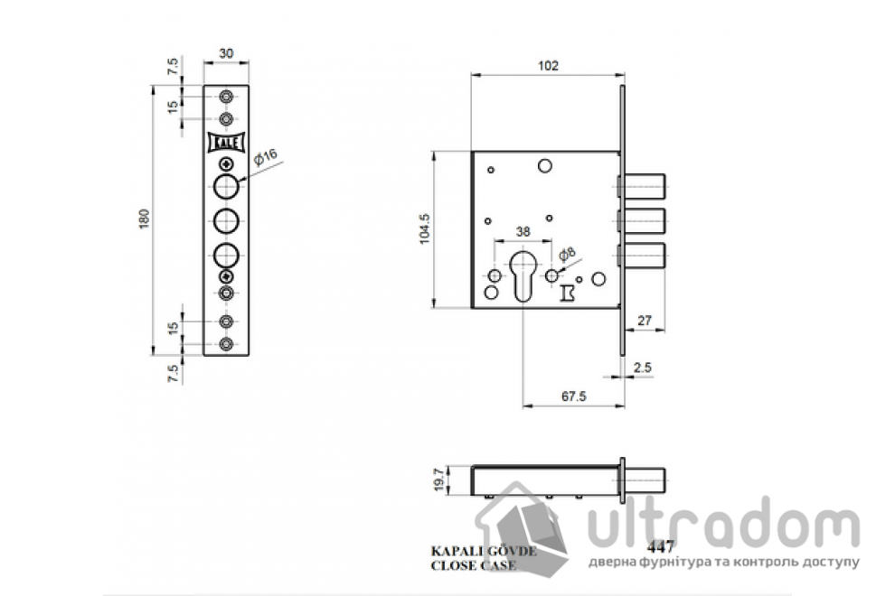Замок врезной дополнительный KALE 447, цилиндровий ключ (Гардиан 32.01) (447)