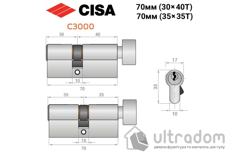 Цилиндр дверной CISA 3000 ключ-тумблер, 70Т никель матовый