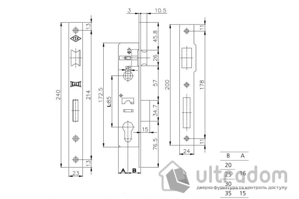 Врезной замок с защелкой KALE 153U-20 (23 мм)