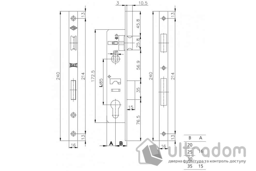 Замок с защелкой PVC SIBA 10053/P B=30 мм для металлопластиковой двери (10053/P-30 CP)