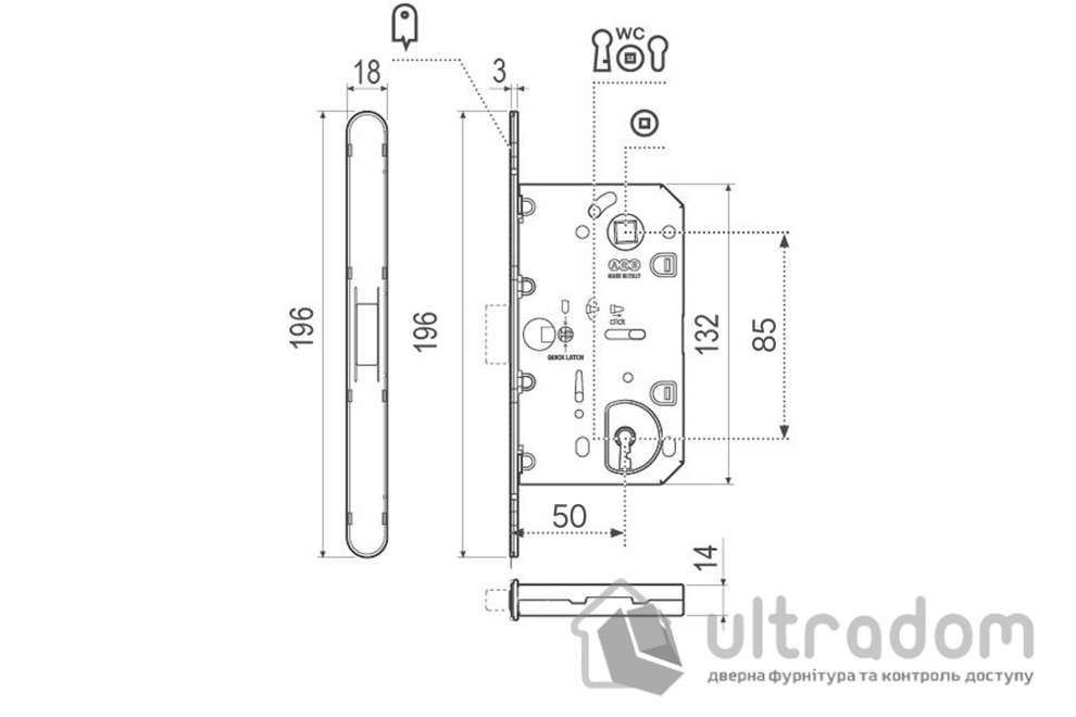 Замок межкомнатный магнитный WC AGB Revolution XT, 50/85 мм, цинк (B01108.50.01)