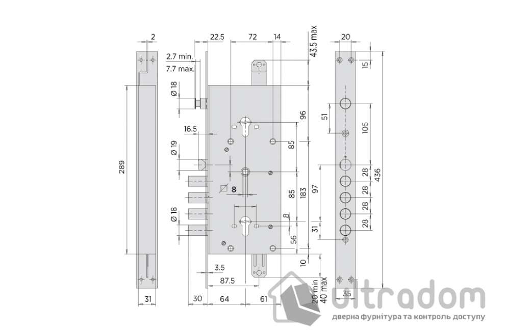 Замок врезной двухсистемный Cisa 56785 Revolution Pro (BS67,5*85мм) взаимозависимый с блокировкой