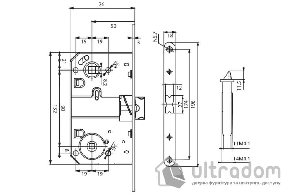 Врезной межкомнатный замок WC SIBA 10590/P-50 мм, античная бронза (10590/P AB)