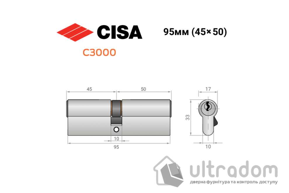 Цилиндр дверной CISA 3000 ключ-ключ, 95 мм никель матовый