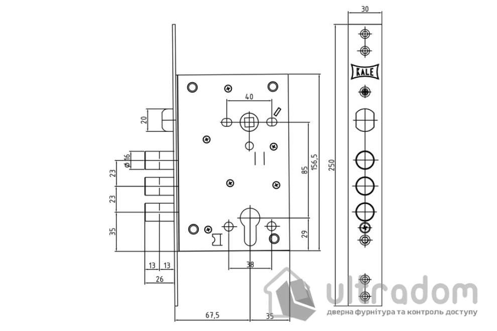Замок цилиндровий врезной KALE 442 B=67,5 мм (Гардиан 32.11) (442)