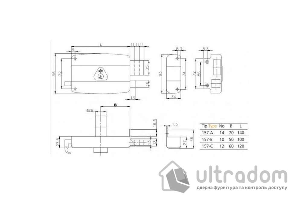 Замок накладной KALE 157С 3M (3 ригеля) кл-кл В=60 мм (157С-3M)