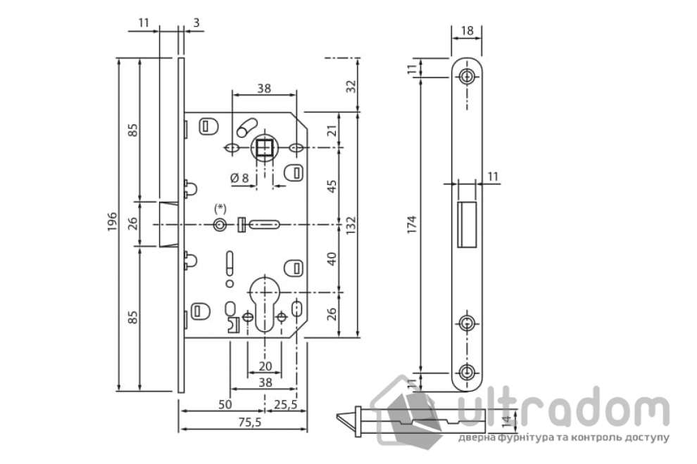 Механизм для межкомнатных дверей  SIBA 8550 PZ с бесшумной защелкой, матовый хром (SB8550 MSC)