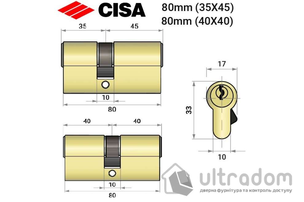 Цилиндр дверной CISA LL 08010 ключ-ключ, 80 мм
