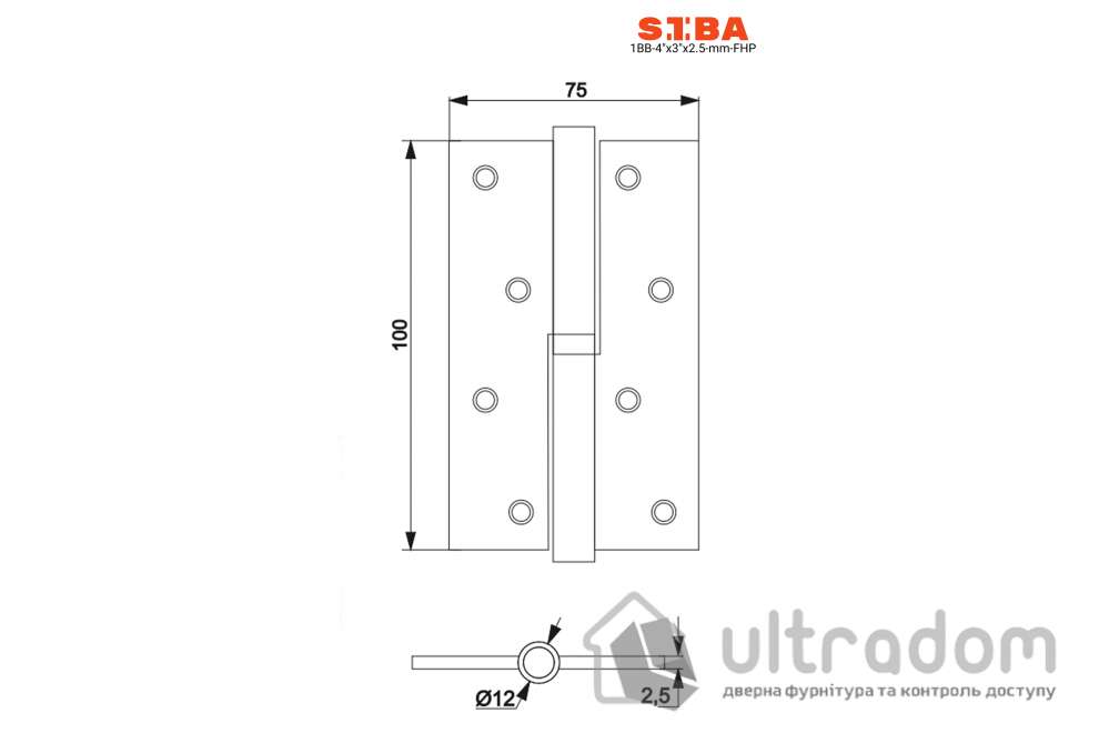Петля дверная SIBA 100 мм, левая, матовый никель (1 ВВ 4'' Х 3'' Х 2,5ММ FHP L SN)