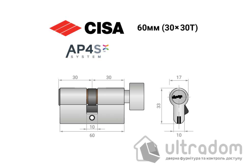 Цилиндр дверной CISA AP4 S 60T ключ-тумблер никель матовый