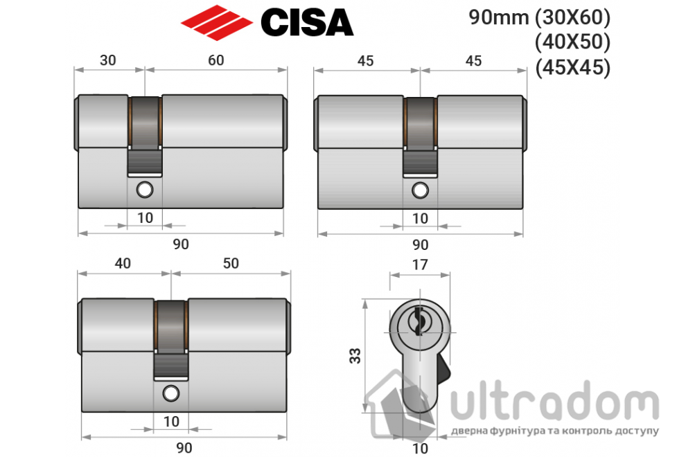 Цилиндр дверной CISA C2000 ключ-ключ, 90 мм