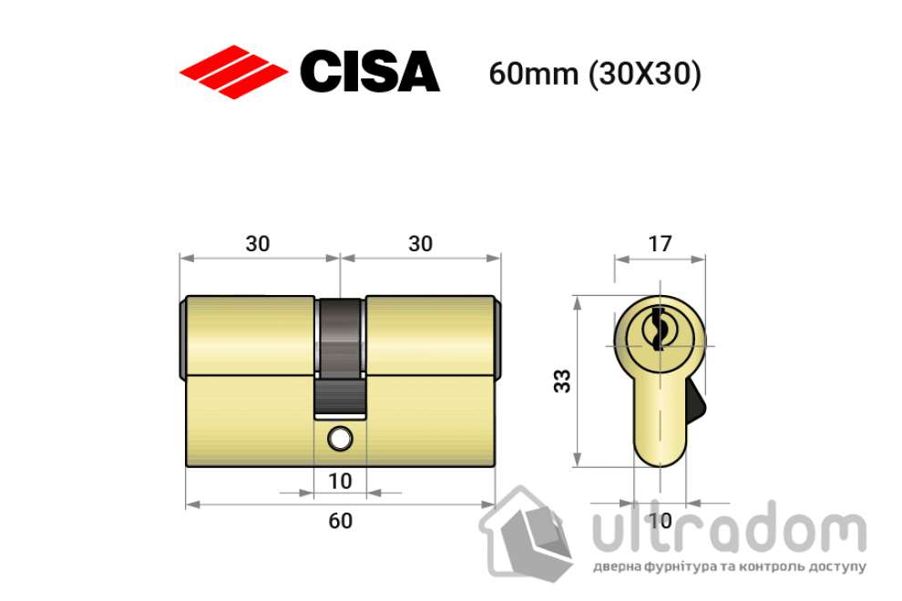 Цилиндр дверной CISA LL 08010 60 (30*30) латунь матовая