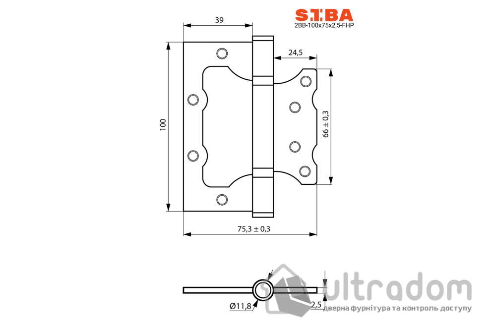 Петля дверная SIBA 100 мм универсальная накладная, матовый черный (2BB 4"х3"х2,5mm FHP MB)