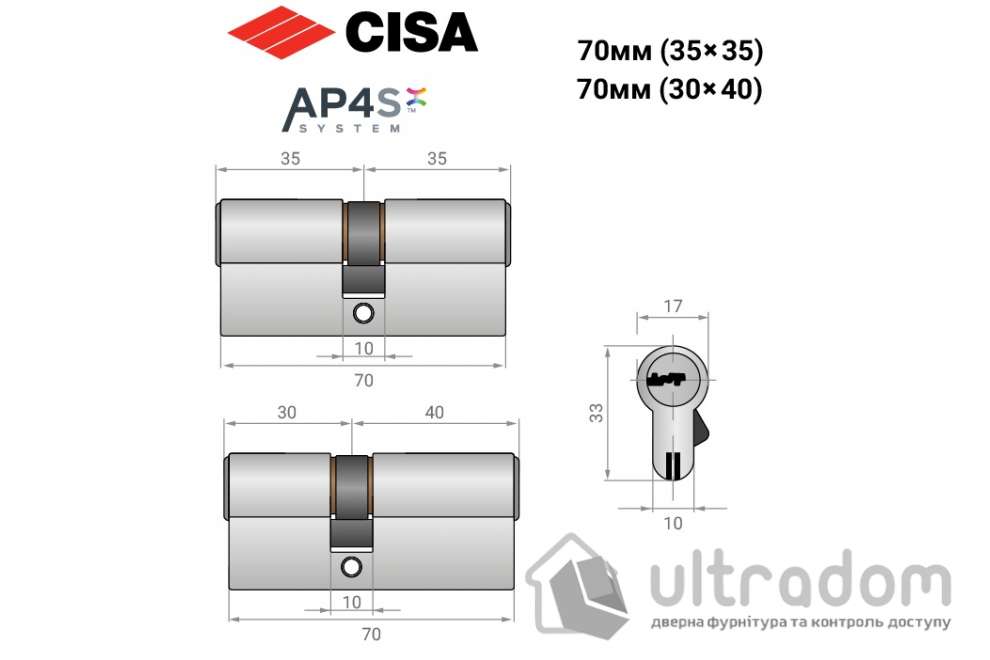 Цилиндр дверной CISA AP4 S 70 мм ключ-ключ никель матовый