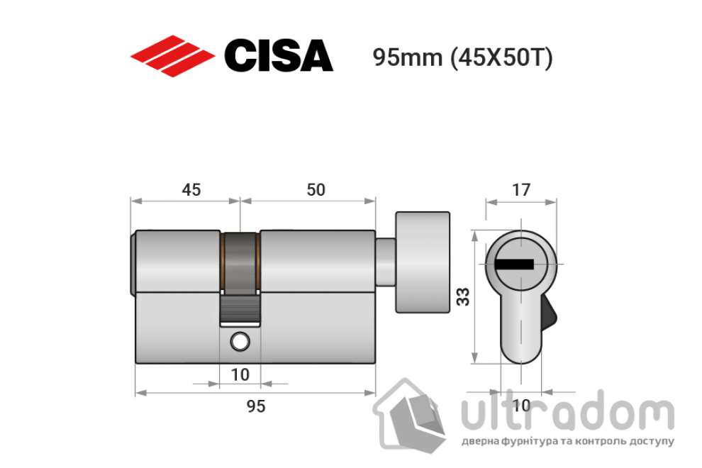 Цилиндр дверной CISA ASIX P8 ключ-тумблер, 95 мм