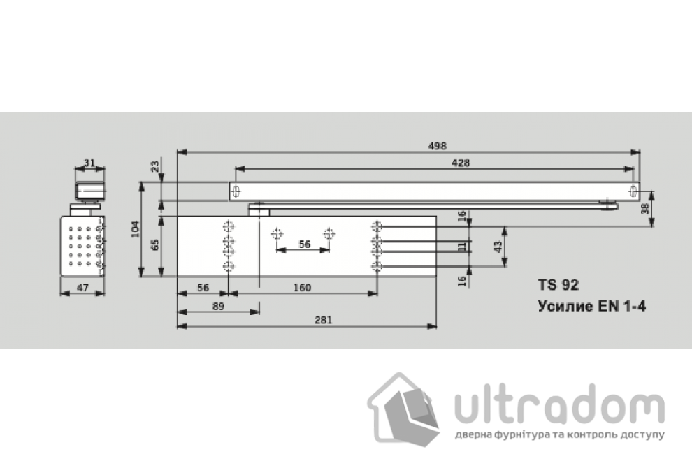 Доводчик дверной Dorma TS 92 EN1-4, дверь до 80 кг (корпус)