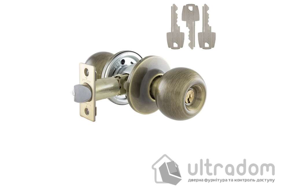Ручка-кноб TESA BOLA KNOBSET 3900U0 с замком и фиксатором, античная латунь (TES-3900U0LA)