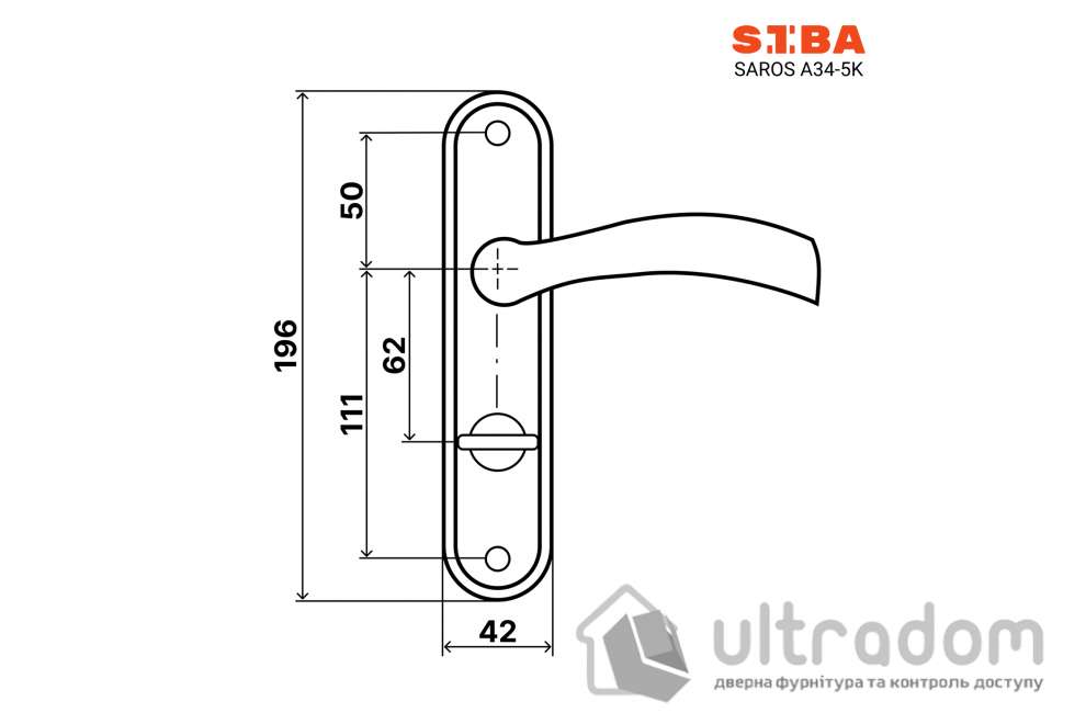 Ручка межкомнатная WC (62 мм) на планке SIBA SAROS, матовый никель/хром
