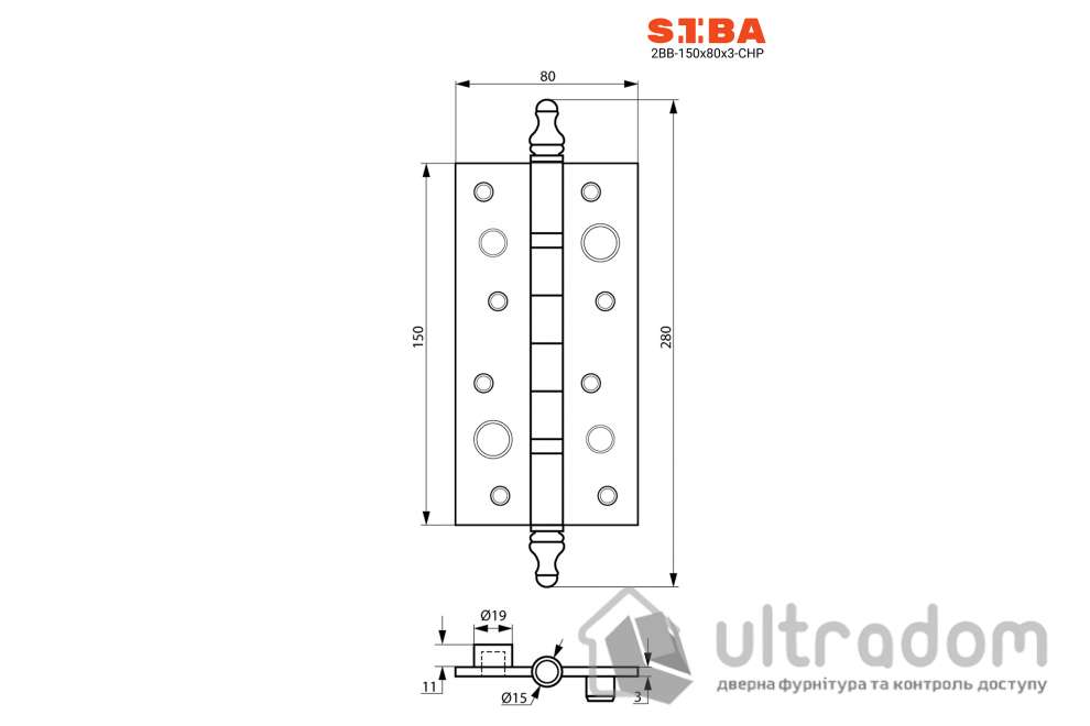 Петля дверная SIBA 150 мм универсальная с противосрезами, матовый никель (2BB 150x80x4mm CHP SN)