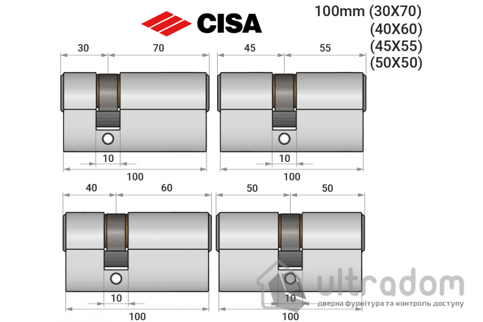 Цилиндр дверной CISA C2000 ключ-ключ, 100 мм