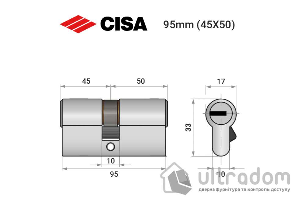 Цилиндр дверной CISA ASIX P8 PRO ключ-ключ 95 мм никель матовый