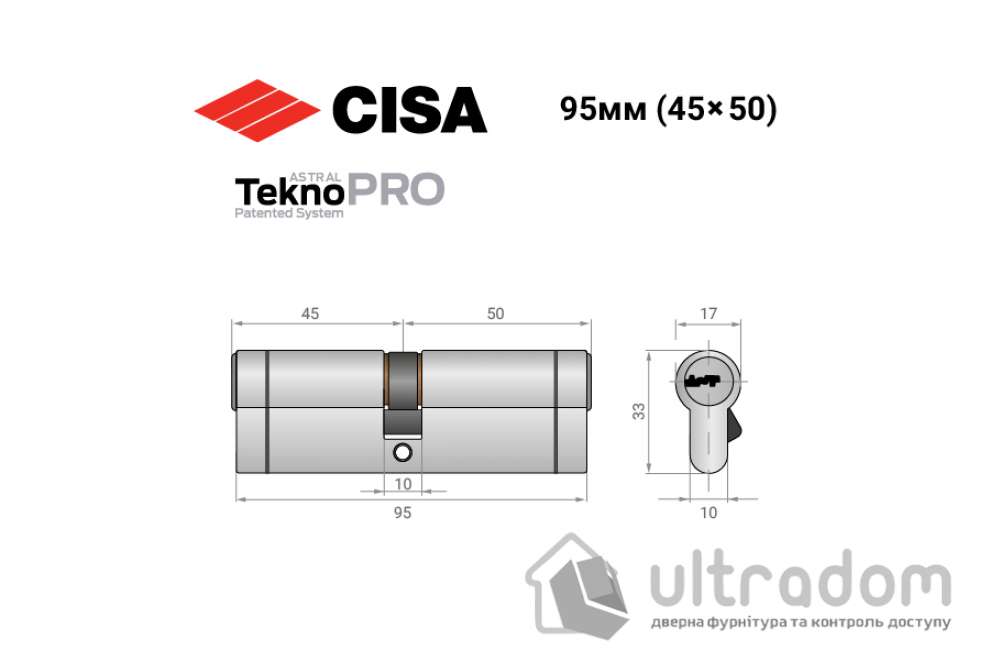 Цилиндр дверной CISA Astral Tekno PRO 95 мм никель матовый