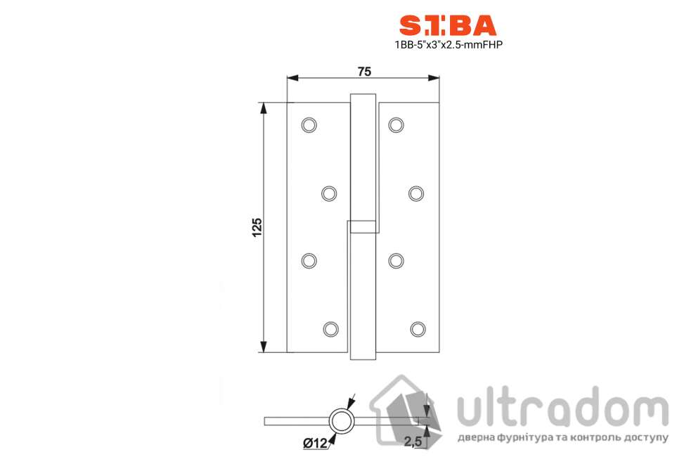Петля дверная SIBA 125 мм, правая, античная бронза (1 ВВ 5'' Х 3'' Х 2,5ММ FHP R/L AB)
