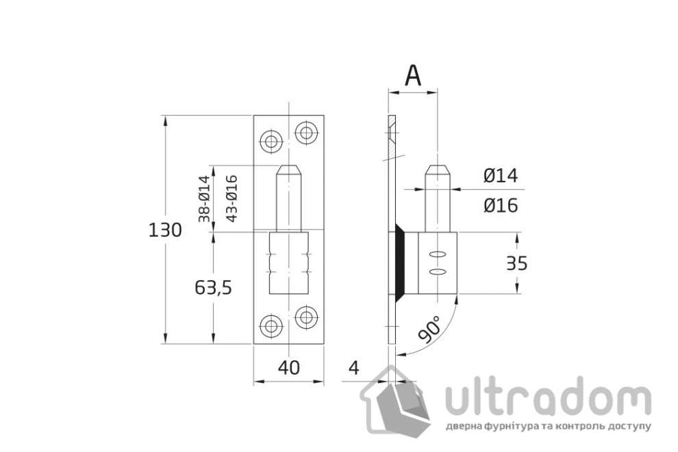 Основание для накладной петли AMIG мод.4900 - 130x40x4 mm Ø14, вылет 16 мм