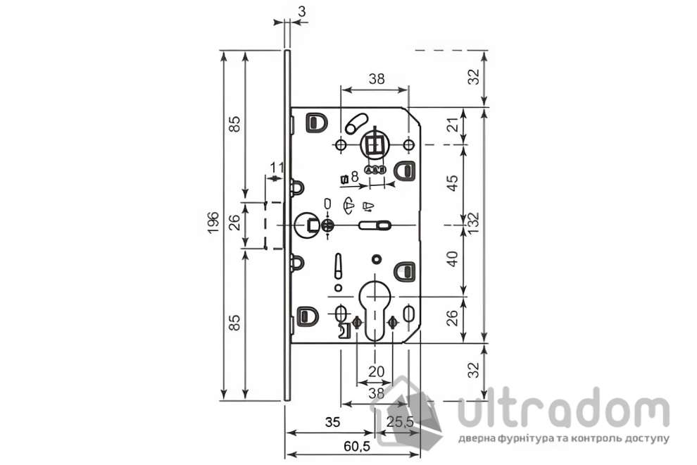 Врезной межкомнатный замок AGB Mediana Evolution PZ, 85/35 мм, латунь (B01103.35.03)