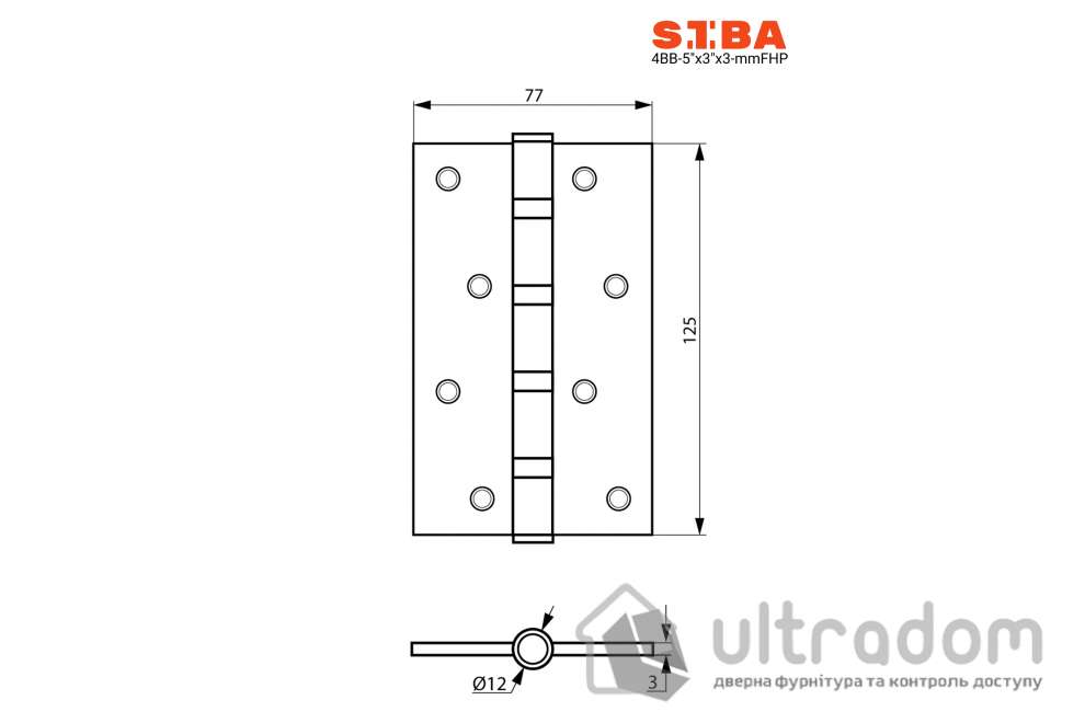 Петля дверная SIBA 125 мм универсальная стальная, хром полированный (4 BB 5" X 3" Х 3MM FHP СР)