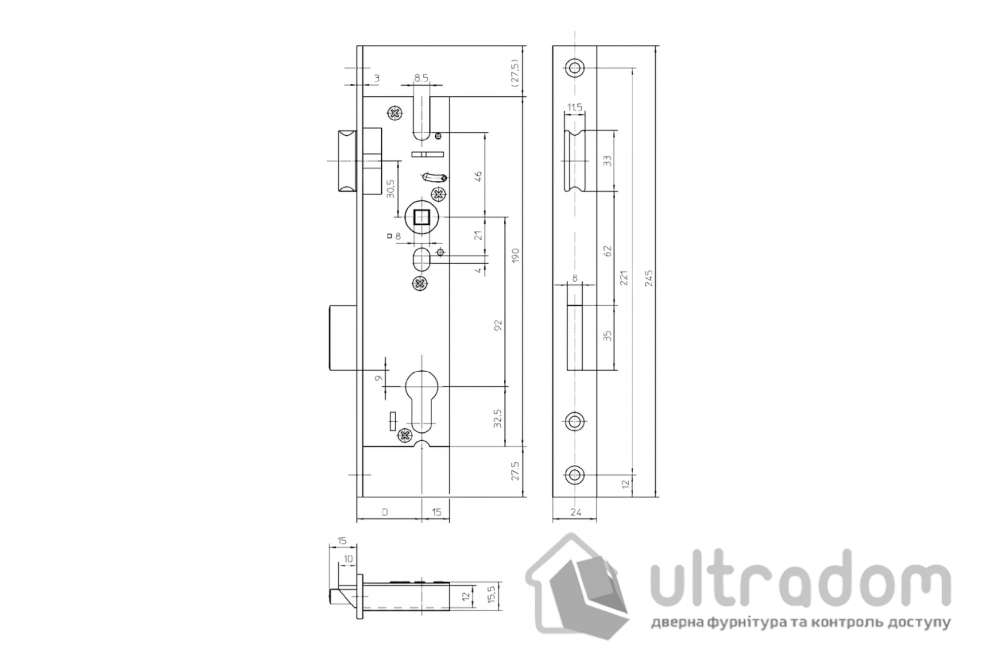 Замок с защелкой KFV RES 28-PZW 92/25 мм, для алюминиевых дверей (3276810)