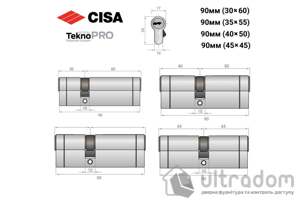 Цилиндр дверной CISA Astral Tekno PRO 90 мм никель матовый