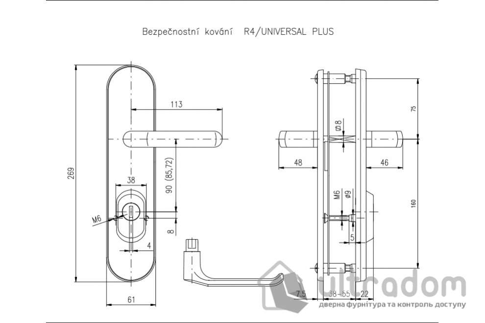 Дверная ручка на планке ROSTEX UNIVERSAL PLUS R ручка-ручка нержавеющая сталь 85 мм